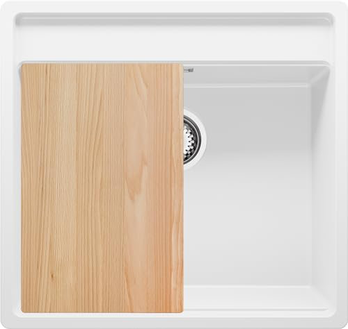 PRIMAGRAN Evier d'angle en Granit Blanc 56x53cm, Lavabo Cuisine 1 bac + Kit de Vidage + Planche à Découper, Évier à Encastrer au meuble 60cm - Bergen
