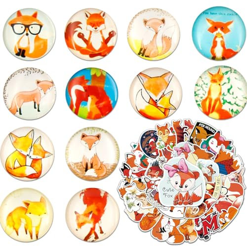 Fuchs-Aufkleber-Set, 12 Kühlschrankmagnete, 50 Fuchs-Aufkleber, Kühlschrankmagnete für Büro und Whiteboard, niedliche Fuchs-Deko-Magnete.