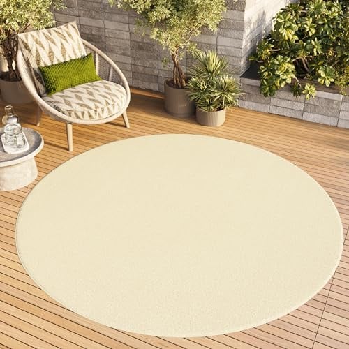 TAPISO Mono Rund Teppich Kurzflor Creme Indoor Outdoor 120 x 120 cm | UV-beständig Einfarbig Wohnzimmer Schlafzimmer Kinderzimmer Modern Design OEKO-TEX