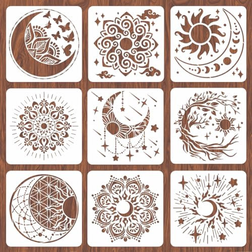 INFUNLY Lot de 9 pochoirs muraux réutilisables en bois pour peinture de meubles de sol - Lune, étoile, soleil et mandala - 30,5 x 30,5 cm