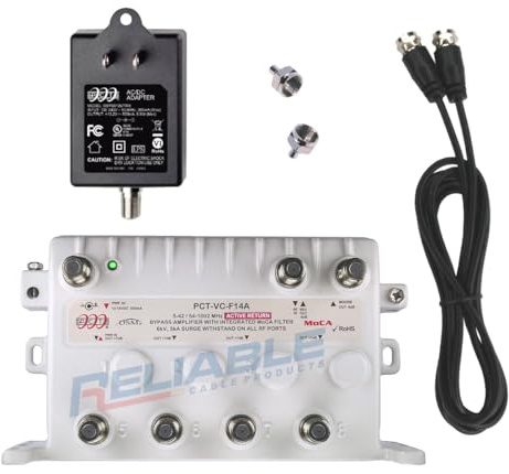 Zuverlässiges Kabel 5-Port MoCA Kabel TV Modem Splitter Signal Booster/Verstärker Kit mit Active Return Zero Signal Loss, Bypass Port, Anschluss von bis zu 5 Geräten, Netzkabel und 2 F59 Terminatoren