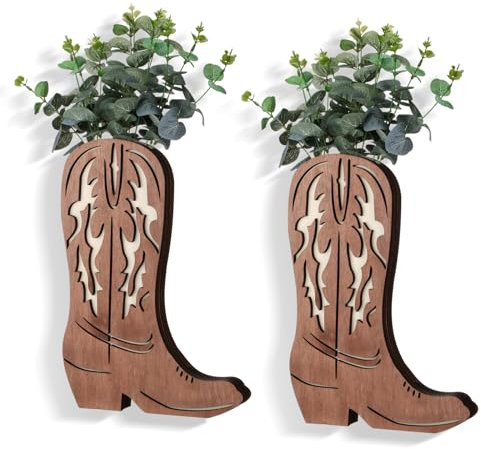 Havawish Cowboystiefel-Wand-Pflanzgefäß aus Holz für Zimmerpflanzen, 30,5 x 20,3 cm, Cowboystiefel, Blumenvasen zum Aufhängen, Taschenvasen für Blumen, künstliches Grünholz, Wanddekoration für