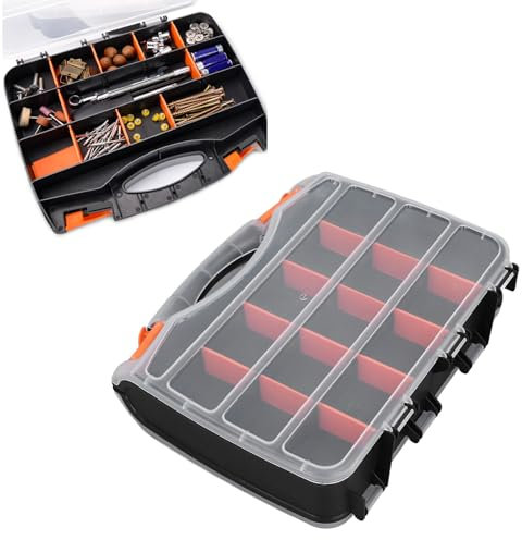 Double Side Parts Organizer, PVC Plastic Storage Box with Removable Divider, Multi Compartment Tool Box for Electronic Components and Screws, Transparent Lid, Portable Handle