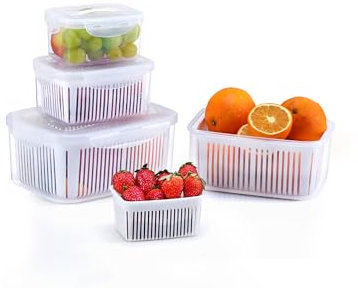 Luxear Contenedores Nevera de Frutas y Verduras con Tapa Tamiz, Juego de 4 Recipientes Alimentos Separables de 3,8L+2,3L+1,35L+0,7L sin BPA, Organizador para refrigerador de Ensalada y Bayas, Blanco