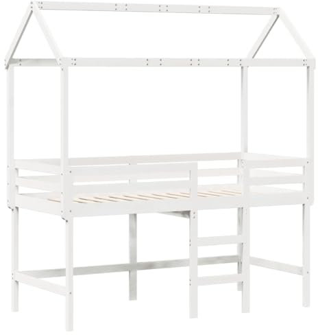vidaXL Hochbett, Kinderbett mit Dach Leiter Sicherheitsgeländer, Spielbett für Kinderzimmer, Bett Holzbett Einzelbett, Weiß 90x190cm Massivholz Kiefer