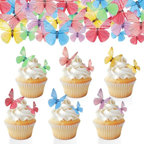 Suofuolef 72 Stück Schmetterlinge Tortendeko Essbar, Bunt 3D Kuchen Deko, Essbare Cupcake Deko für Hochzeit, Geburtstag, Jubiläum