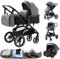 GLOKID Passeggino 3 in 1，Passeggino Canne，Trio，Con Seggiolino Accessori，Adattatori universali，Passeggino per bambini fino a 25 kg，4 ruote con ammortizzatori，navicella，grandi ruote (x1 grigio)