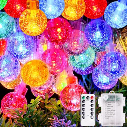 AUAUY LED Lichterkette Außen Batterie, 10M 100 LED Kristall Kugel Lichterkette mit Fernbedienung, 8 Modi Wasserdicht Lichterketten für Weihnachten Fenster Treppen Gärten Pavillons Hochzeiten-Bunt