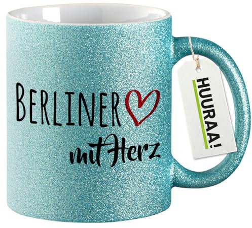 Huuraa Glitzertasse Berliner mit Herz Geschenk 330ml Blau Berliner Präsent