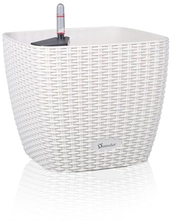 Dexceder Selbstbewässernder Übertopf für drinnen und draußen, Innenmatten-Design, verdickter Tisch-Blumentopf mit Wasserstandsanzeige (Elfenbeinweißes Rattan)