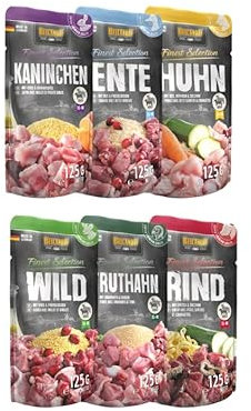 Belcando Frischebeutel Nassfutter | Multi Bundle, Sparpaket | Verschiedene Sorten | 6x125g (125g, Mix 1 - Kaninchen, Ente, Huhn, Wild, Truthahn, Rind)