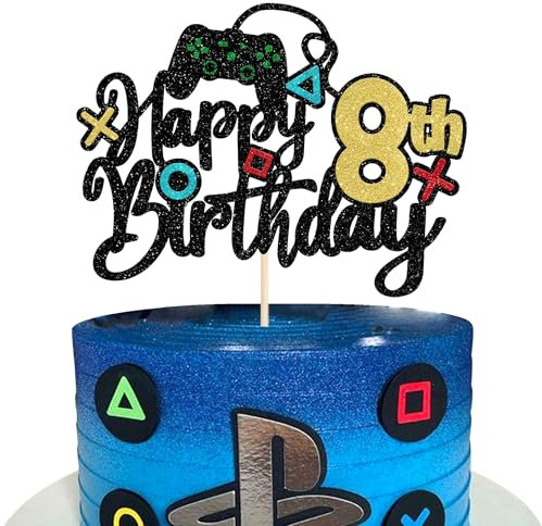 1 Stück Videospiel Happy 8th Birthday Cake Topper Glitzer Videospiel Tortendeko Spielkonsolen Kuchen Deko für Gaming Thema Jungen Mädchen 8th Geburtstag Party Kuchen Dekorationen