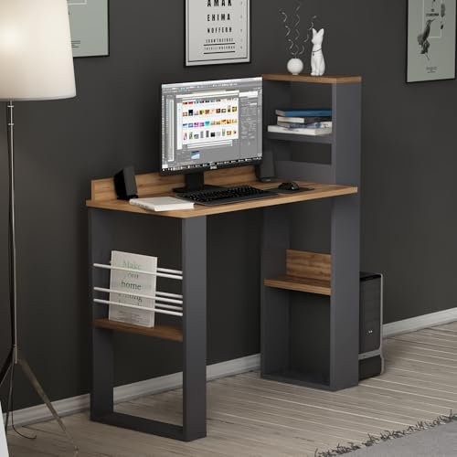 Homidea Aron - Scrivania per computer, con ripiani, design moderno, per la casa, l'ufficio e la cameretta dei bambini (Aron, antracite/noce)