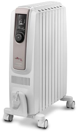 De'Longhi Dragon 4 TRDSX40820E.WB, Oil Filled Radiator with Electronic Timer, Quiet Heater with Functional Design, Chimney Design and Castors, Safety Thermostat, 3 Fan Settings, 2000W, White/Beige