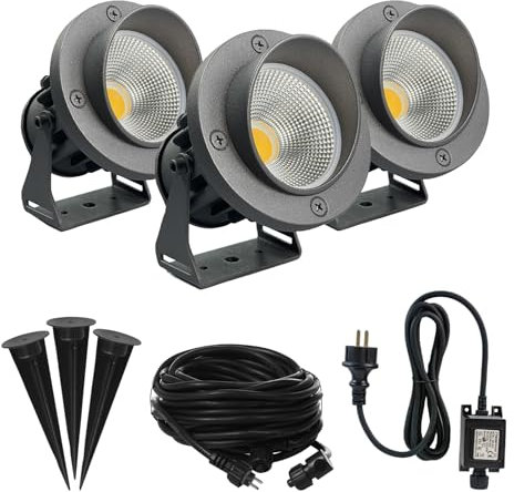 JNR Aluminium LED gartenbeleuchtung mit strom set,IP65 Außen gartenstrahler 3000k Warmweiß Aussen gartenlampe,12V 3.5w 300LM gartenleuchten mit erdspieß für Garten Rasen Weg Teich Yard Baum,Grau