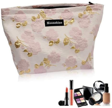 AUEFUDQ Trousse de Toilette, Trousse de Toilette en Toile Make Up Trousse de Maquillage fleurs Travel Cosmetic Organizer Portable Trousse de Toilette Voyage Trousse de Toilette pour Femme, fleurs Rose