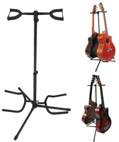Dokeno Doppel Gitarrenständer, Faltbarer Tripod Gitarren Ständer Höhenverstellbarer Universal Gitarrenständer Boden für Akustikgitarre, E-Gitarren, Bass, Ukulele, Banjos, Schwarz