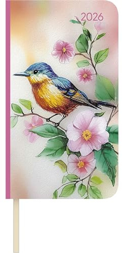 Alpha Edition - Lady Journal Slim Bird 2026 – Taschenkalender 9×16 cm – Weekly – eleganter Wochenplaner mit Notizseiten, Info- & Adressteil – 128 Seiten