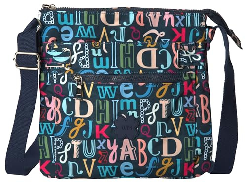 Medium Size Lightweight Fabric Multi Zip Compartment's Womens Messenger Crossbody Shoulder Bag - Ava (Teal Alphabets)
