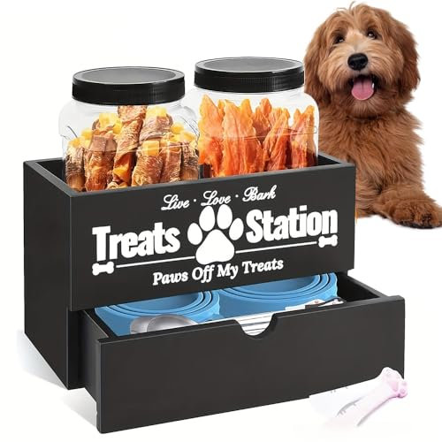 Niciksty Contenitori Alimenti per Crocchette Cane con 3 Barattoli di Plastica, Contenitori Alimenti per Animali Domestici in Legno con Cassetti, per Cibo secco per Cani-Nero