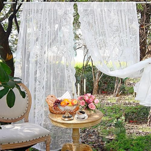 YushengTai Weiße Gardinen, H180 x B140 cm Gardinen Weiß Spitze, Küchengardinen Landhausstil, Gardinenschals für Langer Balkon, Wohnzimmertür, Vorhänge