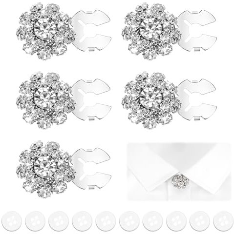 Tucnoeu Lot de 5 cache-boutons argentés en strass et 10 boutons blancs à clipser pour chemises et chemisiers