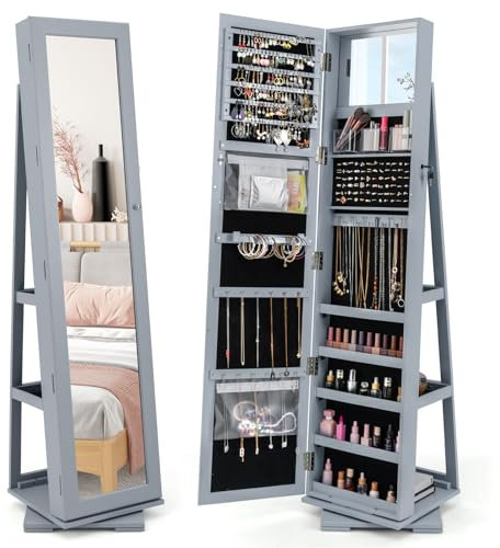 COSTWAY 3-in-1 Jewelry Cabinet, Lockable Jewelry Armoire Storage Unit with Full Length Mirror and Display Shelf, Home Bedroom Dressing Room Cosmetics Jewellery Organiser (360° Swivel Grey)