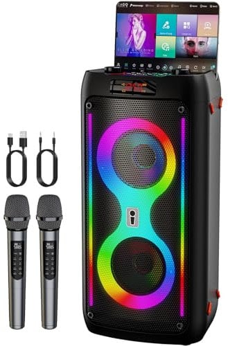 Karaoke Machine for Adults with 2 Wireless Microphones - Portable Bluetooth Speaker with LED Lights, Suitable for Outdoors, Parties & Home, Supports TF Card/USB/AUX/TWS