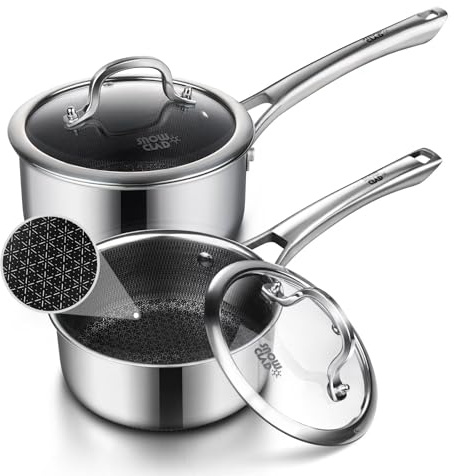 Sauce pan with lid,1.5 Quart & 2.5 Quart Hybrid Nonstick Sauce pans set, Stainless Steel Butter Warmer cookware,non stick Pots PFOA Free,Works on Induction,Ceramic and Gas Cooktops