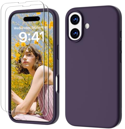 GOODVISH 3 in 1 Silicone Cover per iPhone 17 6.3, Custodia con 2 Pellicola Vetro Temperato [Protezione Fotocamera] 360° Protezione Anticaduta Case per Cellulare Antiurto Resistente, Viola Scuro