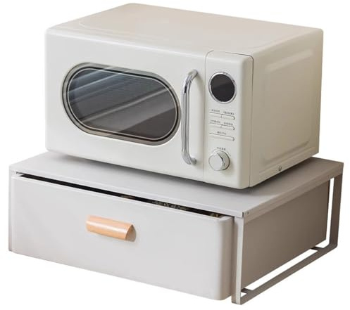 Support micro-ondes en acier avec tiroirs amovibles, organisateur de plan de travail pour micro-ondes compact, cafés et appareils de cuisine, blanc (50 cm)