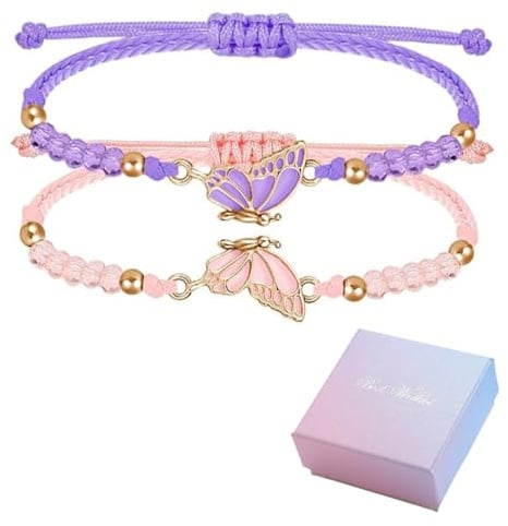 DIFLAX 2 Pezzi Braccialetti Dell'amicizia con Farfalla Braccialetto del Migliore Amico per Ragazze Filo Regolabile Braccialetti BFF con Pendente a Farfalla Regali per Donne Coppie e Amici (Viola+Rosa)