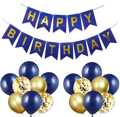 Luftballons Geburtstag Dekoration Set, Marineblau Gold Geburtstagsdeko Happy Birthday deko Banner Set mit Marineblau Gold Happy Birthday Luftballons Konfetti Ballons（NB+GD）