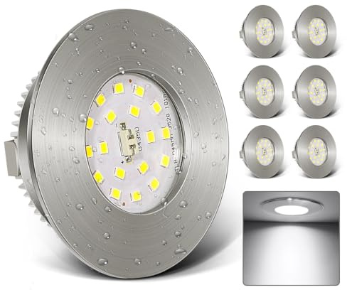 Kimjo 6W LED Einbaustrahler 230V - Ultra Flach LED Spots 6000K Kaltes Weiß - IP44 60-65mm Lochmass Deckenspots für Badezimmer Küche Wohnzimmer - Spots Deckenleuchte Matt Nickel 6er Set