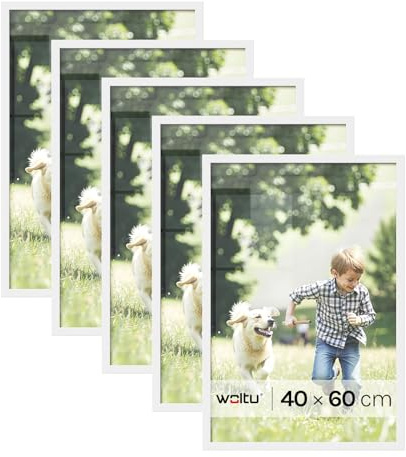 WOLTU Bilderrahmen 40x60 cm | Weißer MDF Holz Fotorahmen mit Passepartout | 5er Set Holzrahmen mit bruchsicherem Acrylglas | Rahmen zum Aufhängen & Aufstellen | Wanddeko