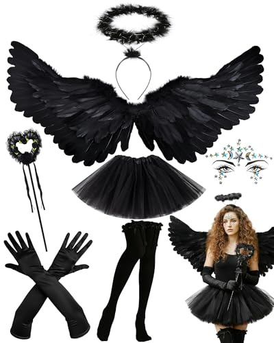 ETOFETE Teufel Kostüm Damen, Engelsflügel Schwarz Heiligenschein Engel Haarreif, Teufel Tattoo, Teufelkostüm mit Schwarzer Tüllrock Zauberstab Strümpfe Handschuhe für Fasching Halloween Karneval