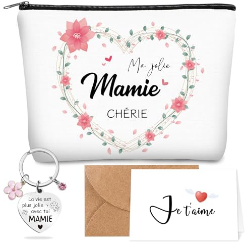 Cadeau Fete des Grand Mere - Pochette Maquillage + Porte Clef Mamie + Carte Amour + Enveloppes, Cadeaux Fete des Grand Mere Personnalisé, Bonne Fete Mamie, Cadeau Mamie Anniversaire