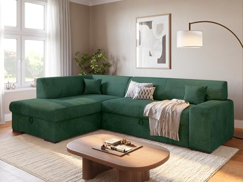 BBROMARKT Ecksofa mit Bettkasten Schlaffunktion L 260cm Links Dunkelgrün | Wohnlandschaft mit Schlaffunktion und Bettkasten L-Form Schlafcouch Eckcouch Bettsofa 3 sitzer Cordstoff Sofa für Wohnzimmer