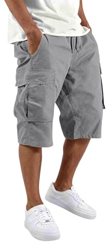 Cargo Shorts Homme Sport Bermudas Élastique Militaire Pantacourt Été Léger Court Randonnée Chantier Travail Cordon Serrage Taille Multi-poches Utilitaires Décontractés Jeunes,Gris,XL