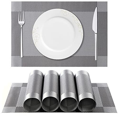 ISIYINER Tischset, Platzset 6er Set rutschfest Abwaschbar PVC Abgrifffeste Hitzebeständig Platzdeckchen für Zuhause Restaurant Speisetisch Silber