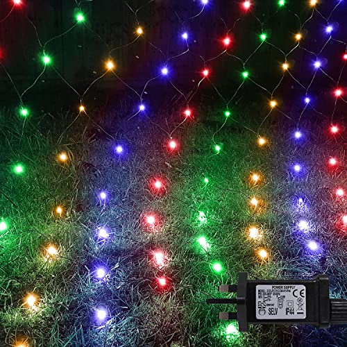 ANSIO® Christmas Net Lights Outdoor, 200 LED 2x2m Multicoloured Fairy Lights with Timer, Mains Powered Mesh Lights for Indoor Outdoor Xmas Trees, Windows, Garden Party Decorations