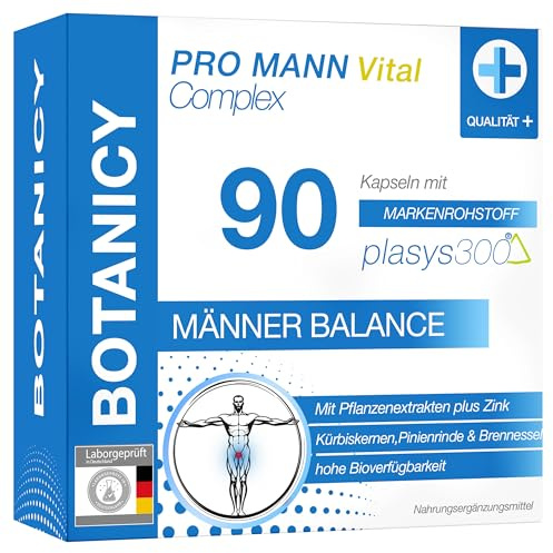BOTANICY Pro Mann Vital Complex mit Plasys 300 und Zink, 90 Kapseln | Konzentrierte Pflanzenextrakte, 200 mg Brennnessel-Extrakt entsprechen 2000 mg Pulver, plus Kürbiskern und Curcuma