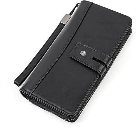 Contacts Cuir véritable Mens Secrétaire Checkbook Phone Holder Porte-Monnaie Zipper Wallet (Noir)