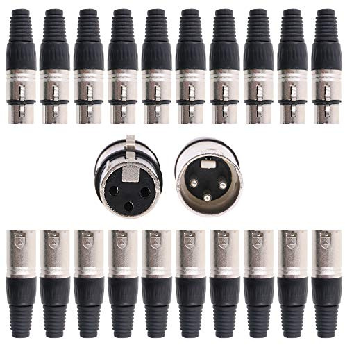 Glarks 20 Pack XLR 3 Pin Male/Female Plugs Audio Mic Microphone Cable Plug Connector Audio Socket, Black Sliver Housing