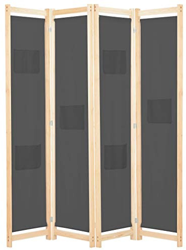 vidaXL 4-Panel Room Divider in Grey - Freestanding Solid Fir Wood Frame with Fabric Screens - 160x170x4 cm - Ideal for Bedroom, Living Room