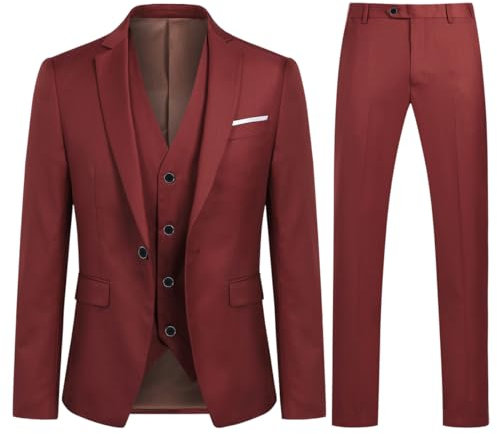 Sliktaa Costume Homme 3 Pièces Slim Fit Formel Smoking de Mariage Affaires Soirée（Veste Gilet et Pantalon）,Vin Rouge,XL