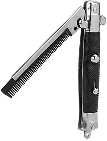 Switchblade Comb, Foldable Stainless Steel Hair Comb with Automatic Push Button Metal Spring Jump Brush for Beard Mustache, Men Oil Hair Styling Accessories (1# L, Black)