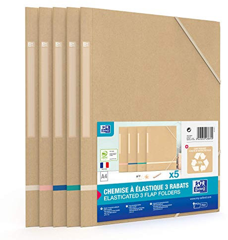 OXFORD Touareg 5 Hüllen aus Karton, 3 elastische Klappen, A4, Umschlag aus recyceltem Papier, Beige & farblich sortierte Bänder