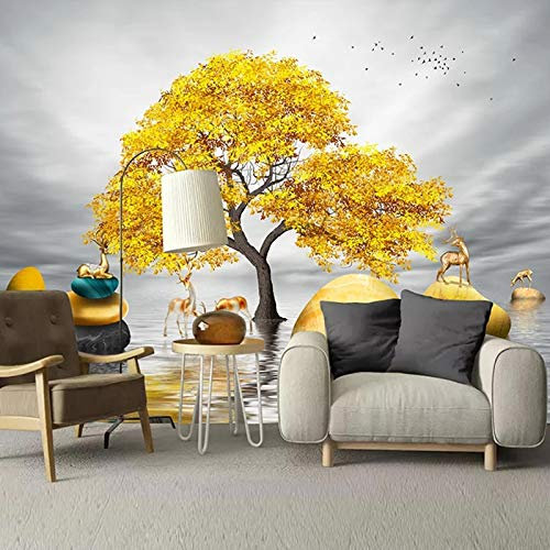 Benutzerdefinierte 3D-Wandbilder Tapete Golden Big Tree Elk Dekor Malerei Modern Creative Study Wohnzimmer Sofa Schlafzimmer Foto Wandbild,90cm(W)×50cm(H)