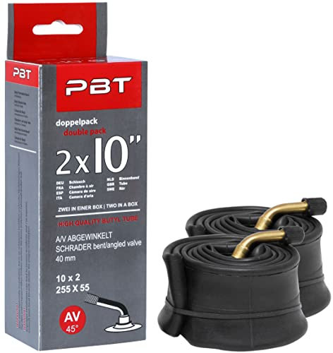 PBT Schlauch 2 x 10 Zoll AV abgewinkelt für Kinderwagen Roller Laufrad und mehr - 10 oder 10 x 2 - Gewinde vernickelt - Doppelpack Edition